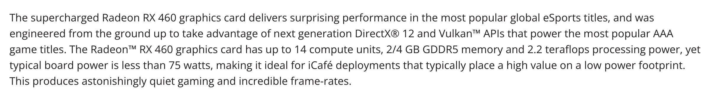 Абзац пресс-релиза AMD от 8 августа 2016 года о Radeon RX 460: до 14 вычислительных блоков, память 2 и 4 ГБ GDDR5, 2,2 TFLOPs и потребление меньше 75 Вт. Снято 1 октября 2026