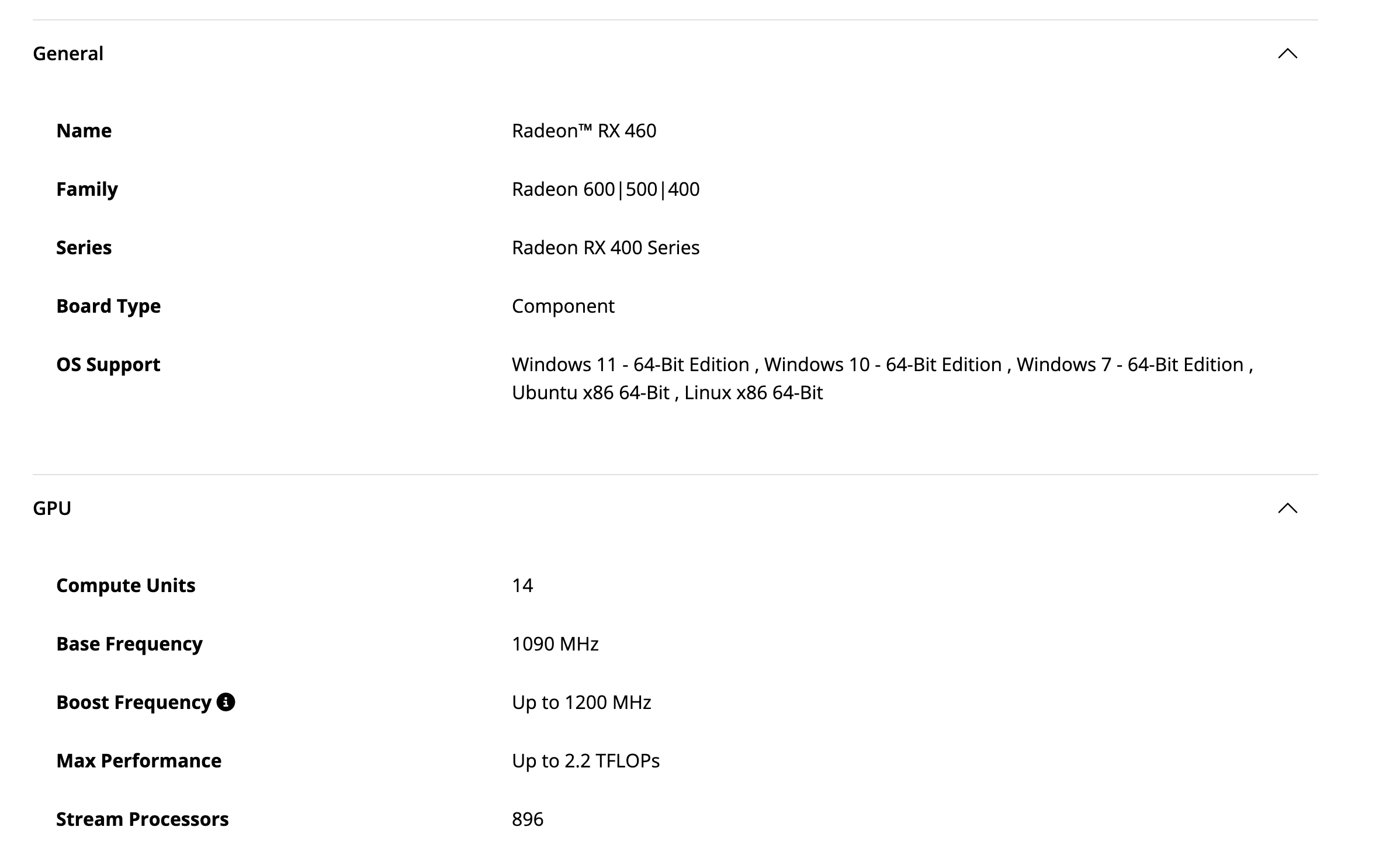 Блоки General и GPU на странице Radeon RX 460: серия Radeon RX 400, тип платы Component, список систем в графе OS Support, 14 вычислительных блоков, частоты 1090 и до 1200 МГц, до 2,2 TFLOPs, 896 потоковых процессоров. Снято 1 октября 2026