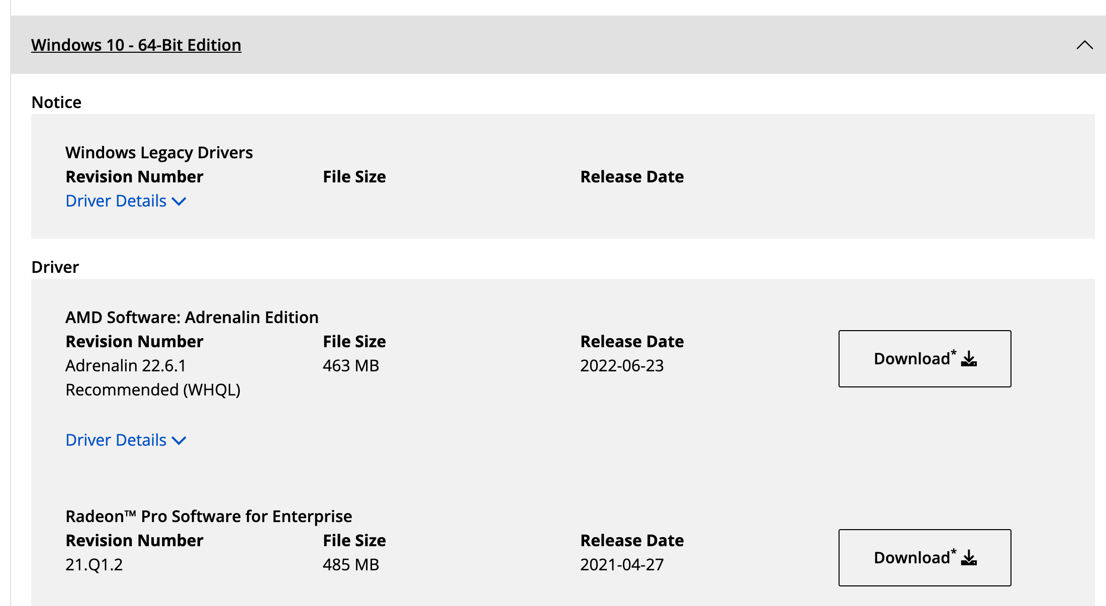 Раздел Windows 10 64-Bit Edition на странице драйверов HD 7750: Windows Legacy Drivers, Adrenalin 22.6.1 Recommended (WHQL) размером 463 МБ от 23 июня 2022 года и Radeon Pro Software for Enterprise 21.Q1.2 от 27 апреля 2021 года. Снято 3 октября 2026