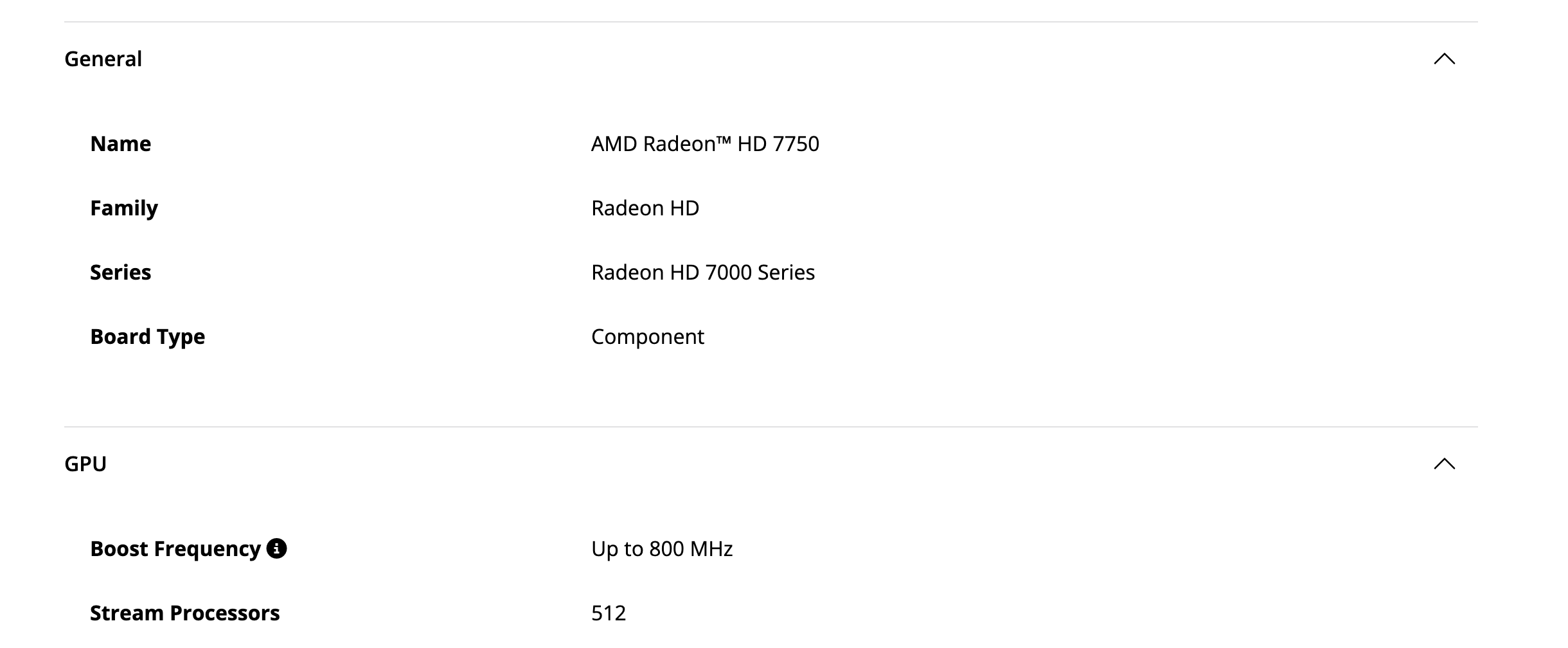 Блоки General и GPU на странице драйверов HD 7750: название, серия Radeon HD 7000, тип платы Component, частота до 800 МГц и 512 потоковых процессоров. Снято 3 октября 2026