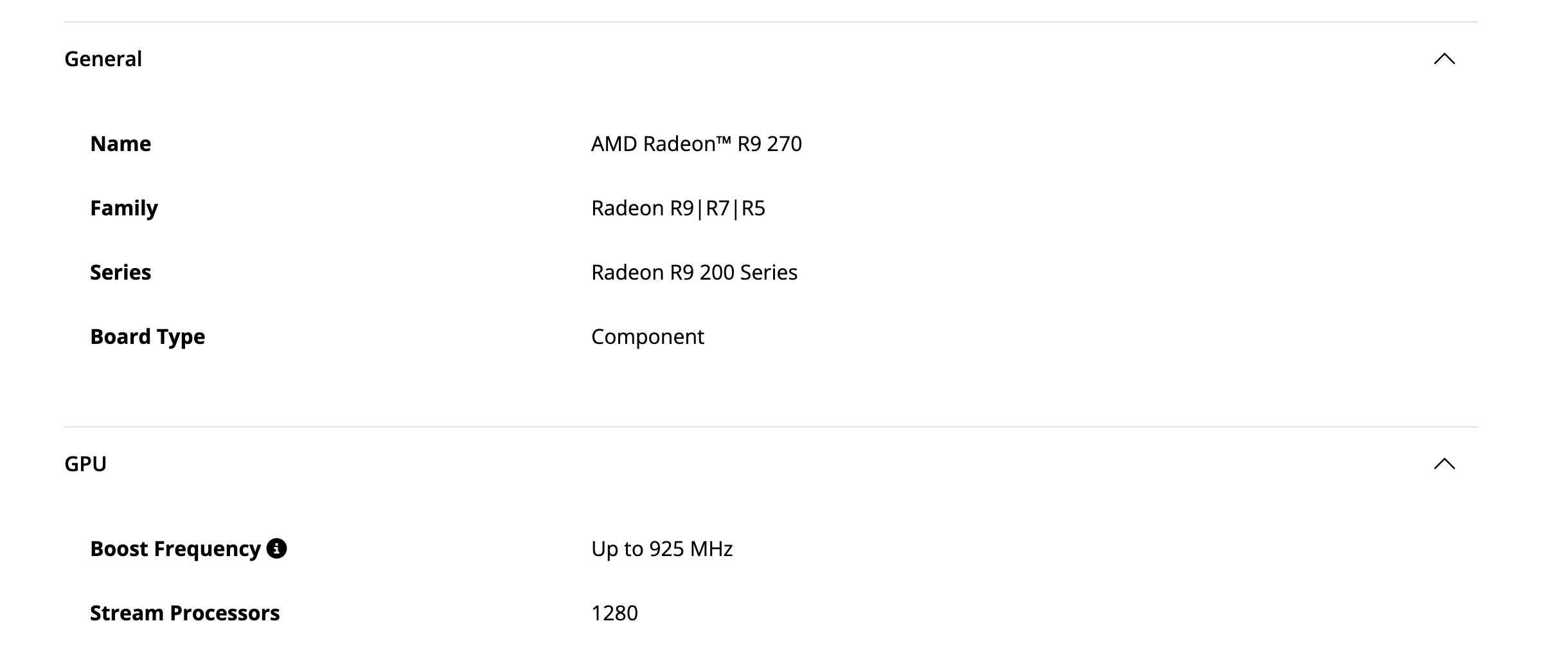 Блоки General и GPU на странице драйверов R9 270: название, серия Radeon R9 200, тип платы Component, частота до 925 МГц и 1280 потоковых процессоров. Снято 3 октября 2026