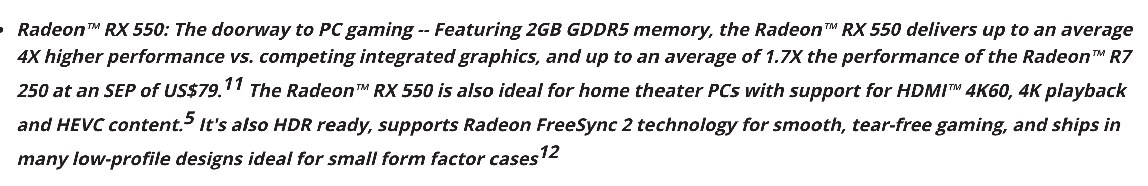 Абзац пресс-релиза AMD от 18 апреля 2017 года о RX 550: 2 ГБ GDDR5, сравнение со встроенной графикой и с Radeon R7 250, поддержка HDMI 4K 60 Гц, HDR и FreeSync 2, исполнения низкого профиля. В той же фразе стоит SEP US$79, расшифровки сокращения в релизе нет. Снято 3 октября 2026