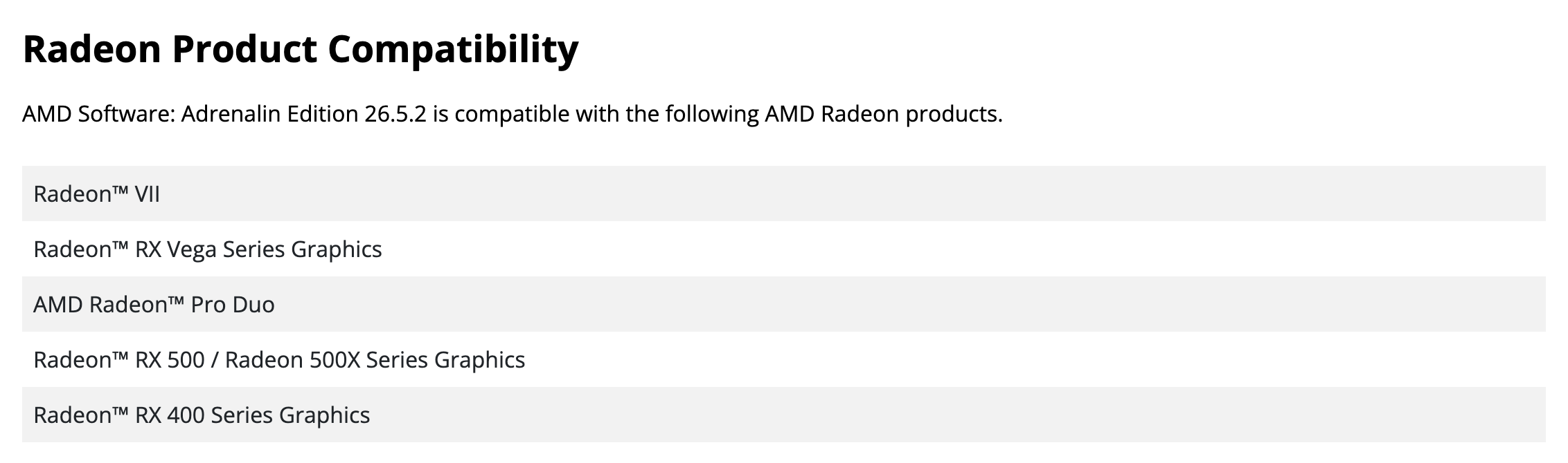 Список совместимости в заметках AMD к пакету 26.5.2 for Polaris & Vega: Radeon VII, Radeon RX Vega, AMD Radeon Pro Duo, Radeon RX 500 и 500X, Radeon RX 400. Снято 3 октября 2026