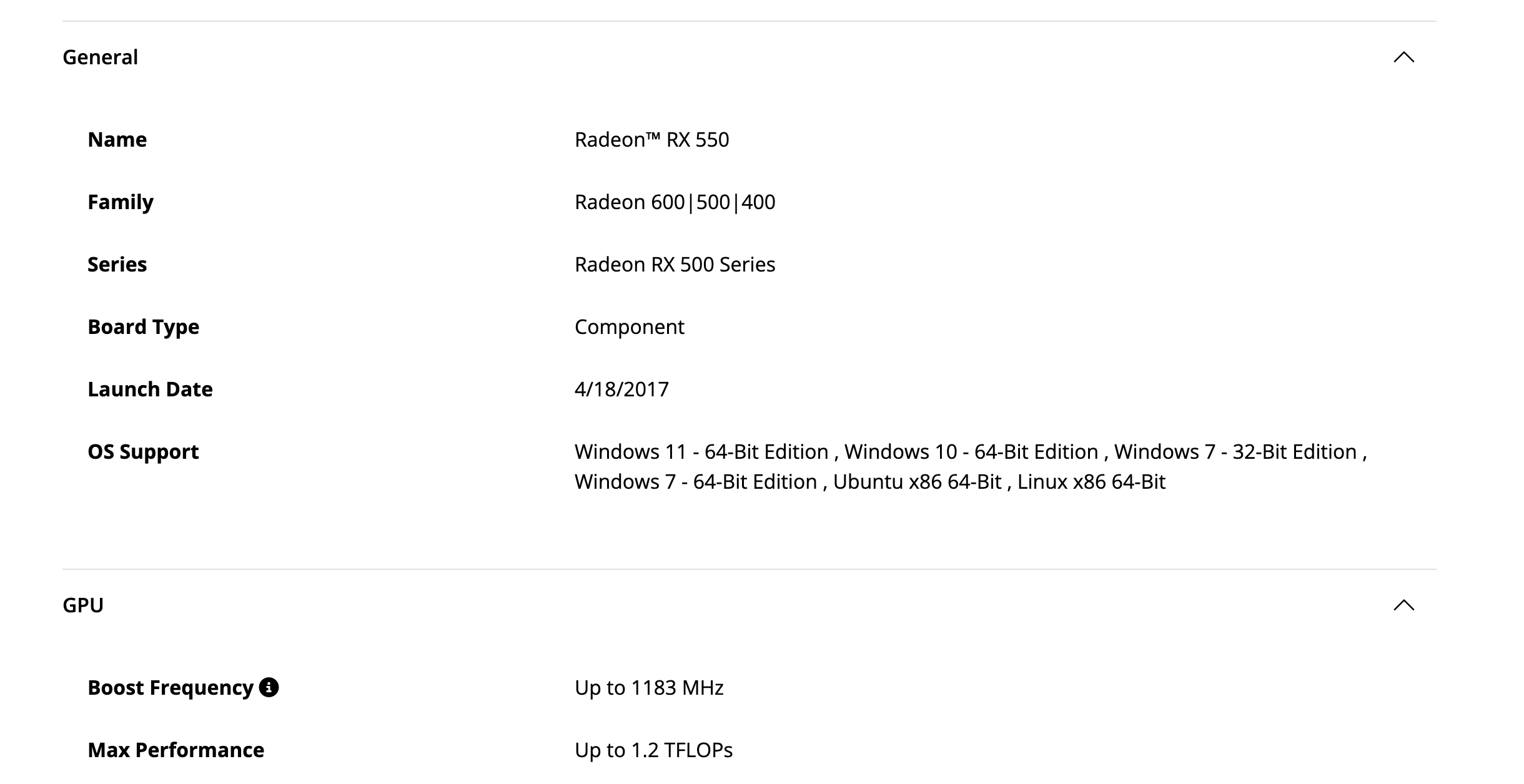 Блок General на странице драйверов RX 550: название, серия Radeon RX 500, тип платы Component, дата запуска 18 апреля 2017 года, список операционных систем, частота до 1183 МГц и производительность до 1,2 TFLOPs. Снято 3 октября 2026