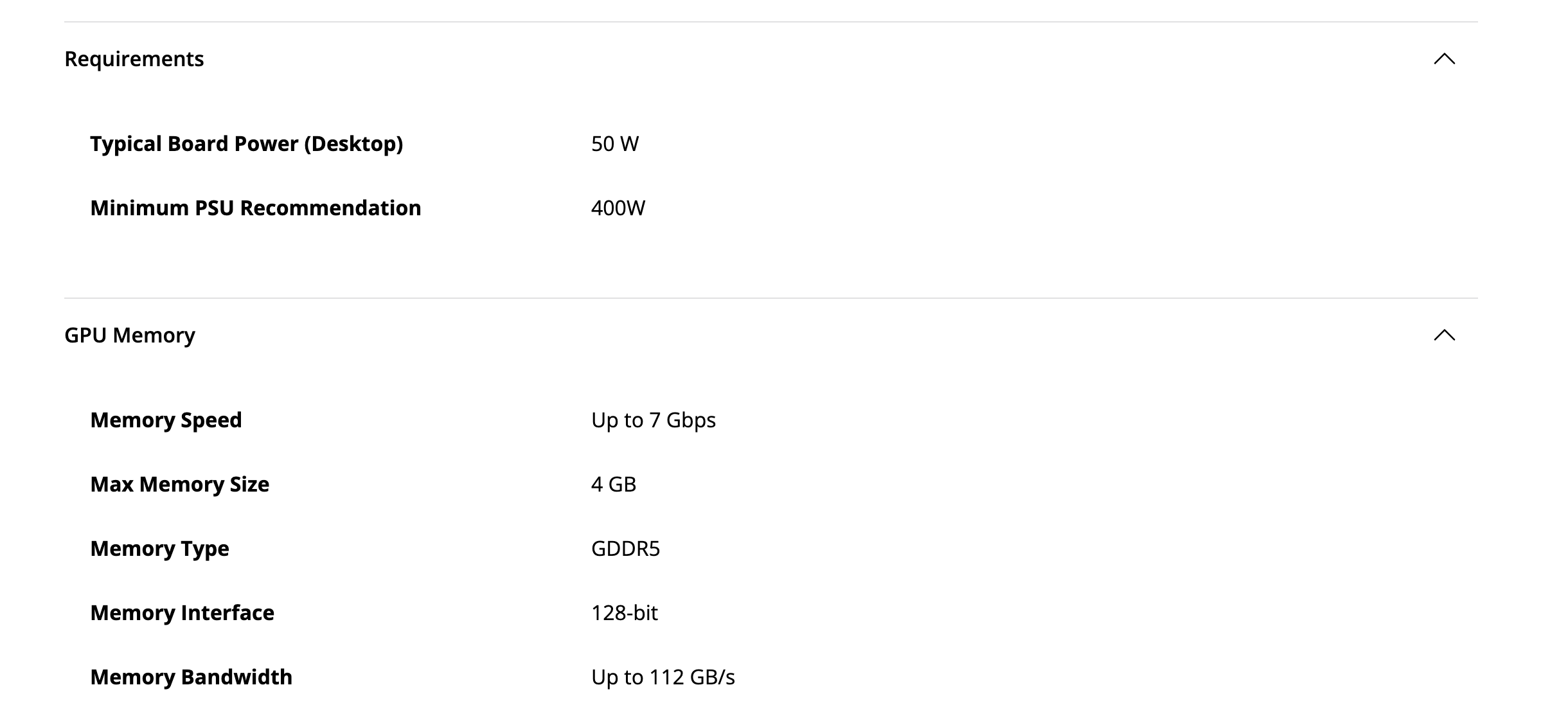 Блоки Requirements и GPU Memory на странице драйверов RX 550: типичное потребление 50 Вт, блок питания 400 Вт, память до 7 Гбит/с, максимум 4 ГБ, GDDR5, шина 128 бит, до 112 ГБ/с. Снято 3 октября 2026