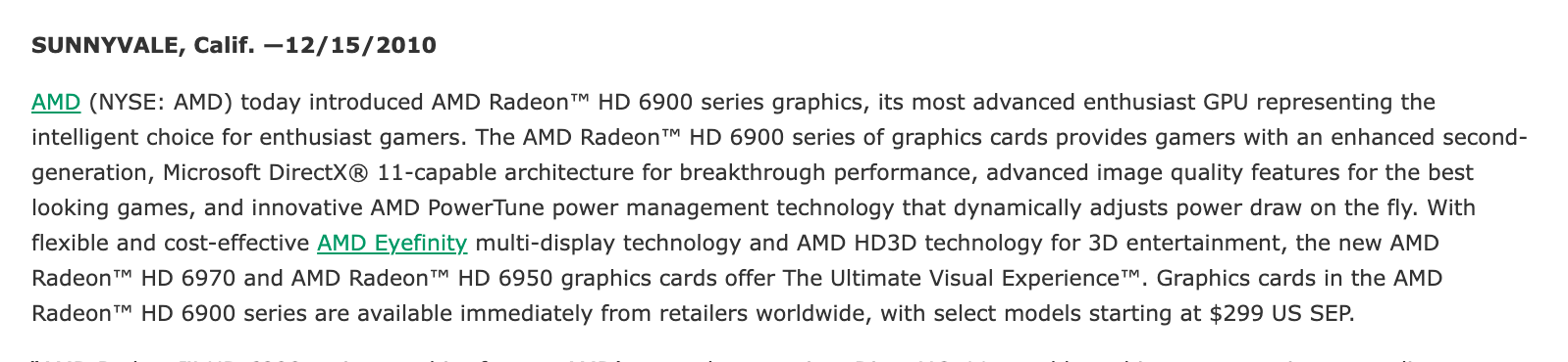 Начало пресс-релиза AMD от 15 декабря 2010 года о серии HD 6900: дата, описание серии и сообщение о продаже. Снимок веб-архива от 21 декабря 2010 года