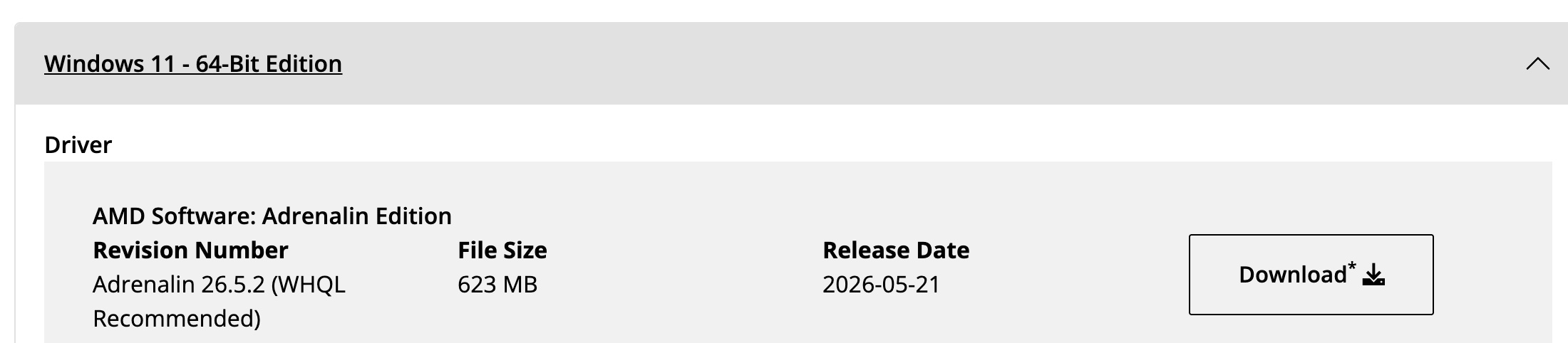 Блок Windows 11 на странице драйверов Radeon 540: Adrenalin 26.5.2 (WHQL Recommended), 623 МБ, дата выхода 21 мая 2026 года. Снято 3 октября 2026