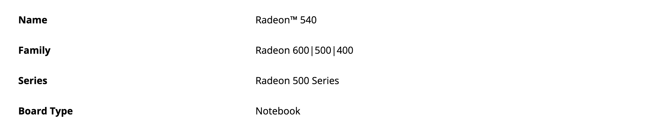 Общий блок страницы Radeon 540: название, семейство, серия Radeon 500 Series и тип платы Notebook. Строк Launch Date и OS Support нет. Снято 3 октября 2026