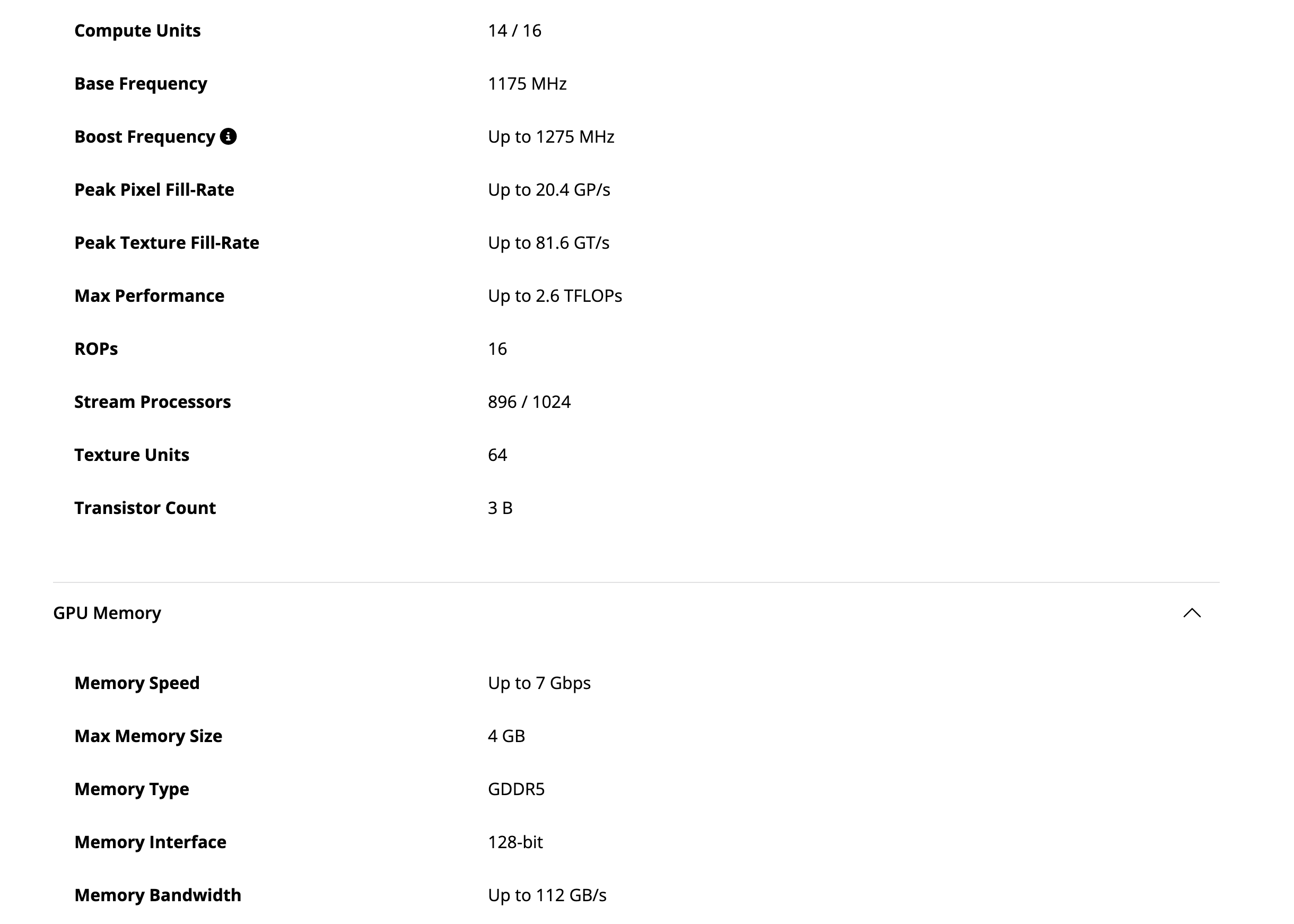 Блоки GPU и GPU Memory на странице RX 560X: до 1275 МГц Boost, до 2,6 TFLOPs, 20,4 GP/s и 81,6 GT/s, 16 ROPs, 64 текстурных блока, 3 млрд транзисторов, память GDDR5 с шиной 128 бит. Снято 1 октября 2026