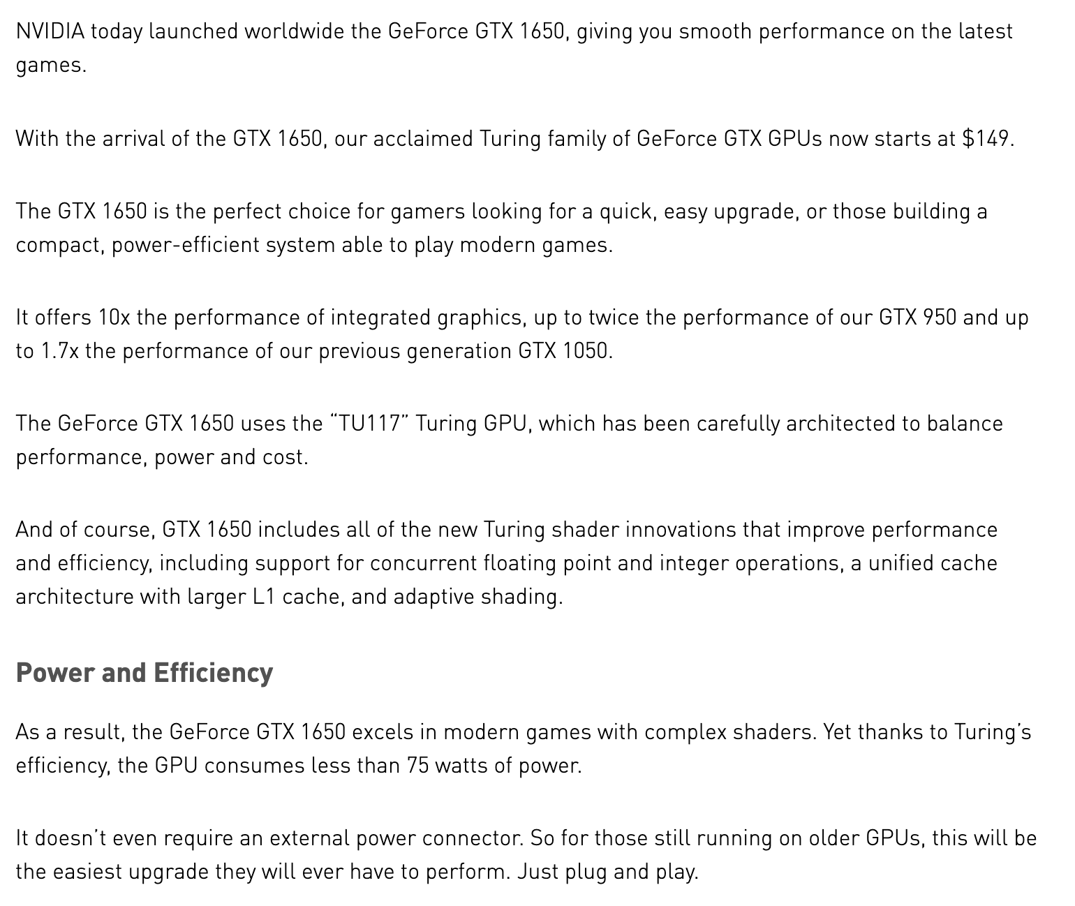 Блог NVIDIA от 23 апреля 2019 года: GTX 1650 потребляет меньше 75 Вт и не требует внешнего разъёма питания, до 1,7 раза быстрее GTX 1050. Снимок веб-архива от 26 ноября 2020