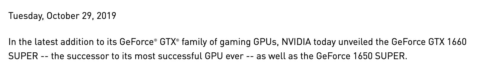 Пресс-релиз NVIDIA от 29 октября 2019 года: NVIDIA представила GeForce GTX 1660 SUPER и GTX 1650 SUPER. Снимок веб-архива от 1 декабря 2020