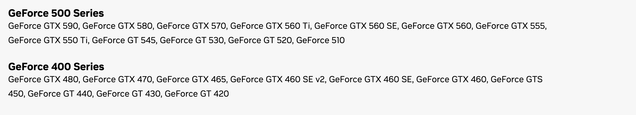 Страница драйвера 391.35, вкладка Supported Products: блок GeForce 500 Series включает GTX 560 Ti вместе с GTX 590, 580, 570 и другими, ниже блок GeForce 400 Series. Снято 23 сентября 2026