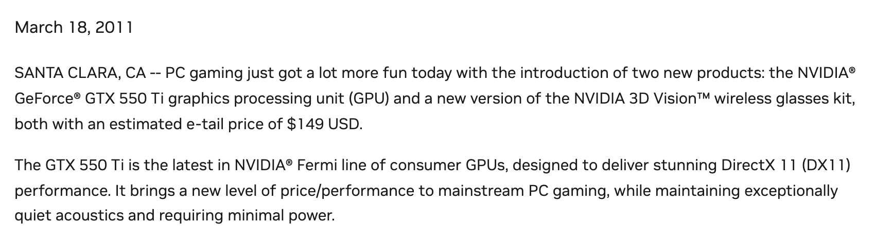 Начало пресс-релиза от 18 марта 2011 года: новая GeForce GTX 550 Ti вместе с обновлённым комплектом очков 3D Vision, обе новинки по ориентировочной цене 149 долларов. Снимок веб-архива от 27 марта 2026