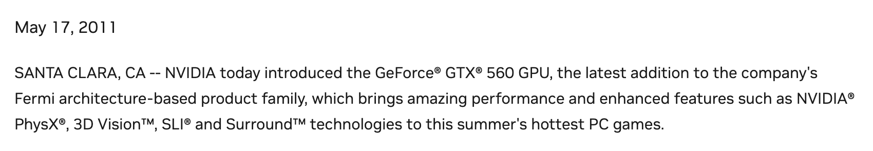 Первый абзац релиза от 17 мая 2011 года: GeForce GTX 560 пополняет семейство Fermi и приносит PhysX, 3D Vision, SLI и Surround. Снимок веб-архива от 27 марта 2026