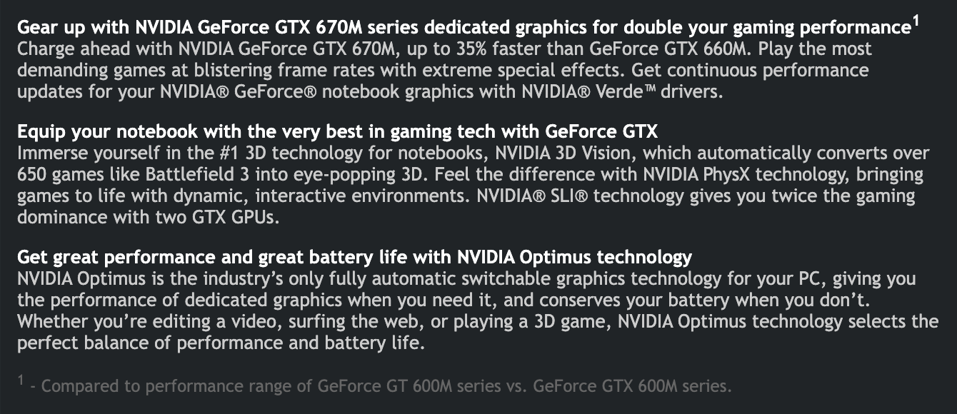 Описание GTX 670M, снимок 2012 года: заголовок про двойную игровую производительность со сноской, фраза «up to 35% faster than GeForce GTX 660M», упоминания 3D Vision, PhysX, SLI и Optimus. Снимок веб-архива от 25 марта 2012