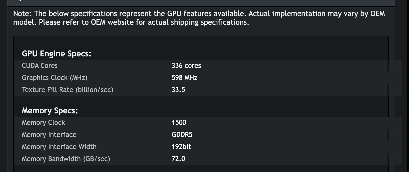 Верхний блок таблицы GTX 670M в снимке 2017 года: 336 ядер CUDA, 598 МГц, 33,5 млрд текстур в секунду, GDDR5 на шине 192 бит и 72,0 ГБ/с. Снимок веб-архива от 16 июня 2017