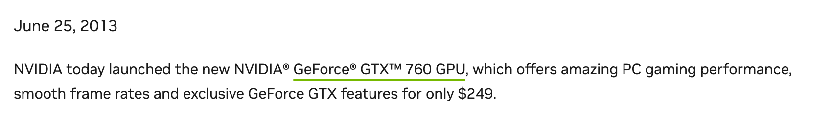 Начало пресс-релиза NVIDIA с датой 25 июня 2013 года: запуск GeForce GTX 760 по цене от 249 долларов. Снимок веб-архива от 27 марта 2026