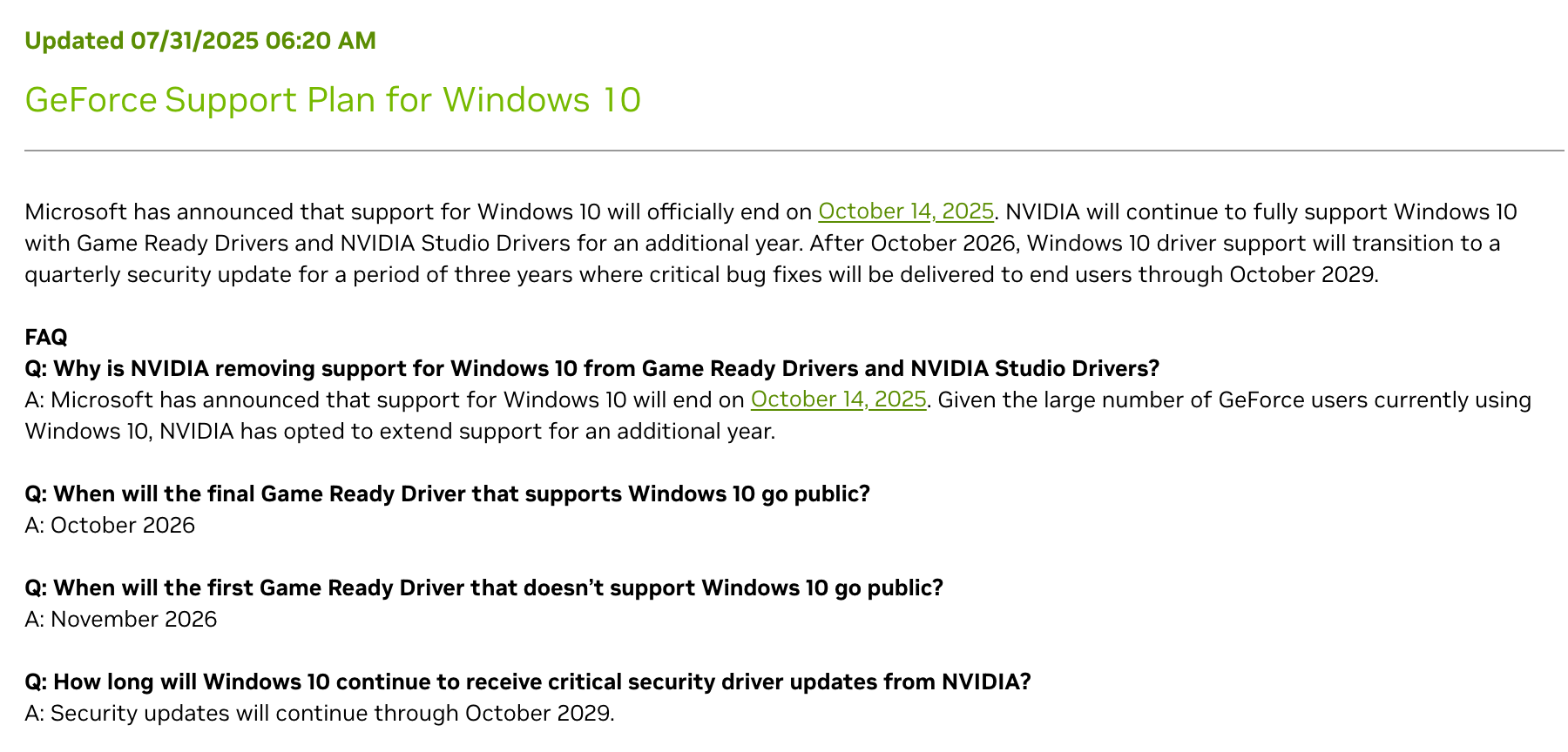 Справка NVIDIA 5695: последний Game Ready Driver с поддержкой Windows 10 выйдет в октябре 2026 года, первый без неё в ноябре 2026 года, обновления безопасности до октября 2029 года. Снимок веб-архива от 11 апреля 2026
