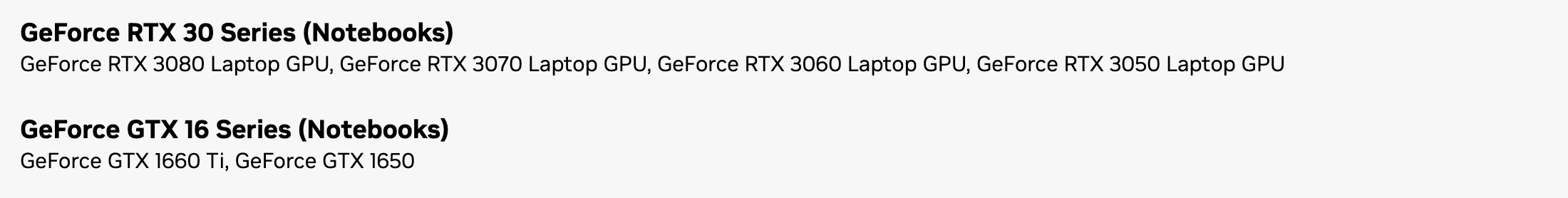 Список ноутбучных продуктов драйвера NVIDIA 475.14 для Windows 7 64-bit: в серии RTX 30 ноутбучные RTX 3080, 3070, 3060 и 3050, в серии GTX 16 GeForce GTX 1660 Ti и GeForce GTX 1650, а RTX 3080 Ti в списке нет. Снято 3 октября 2026 года