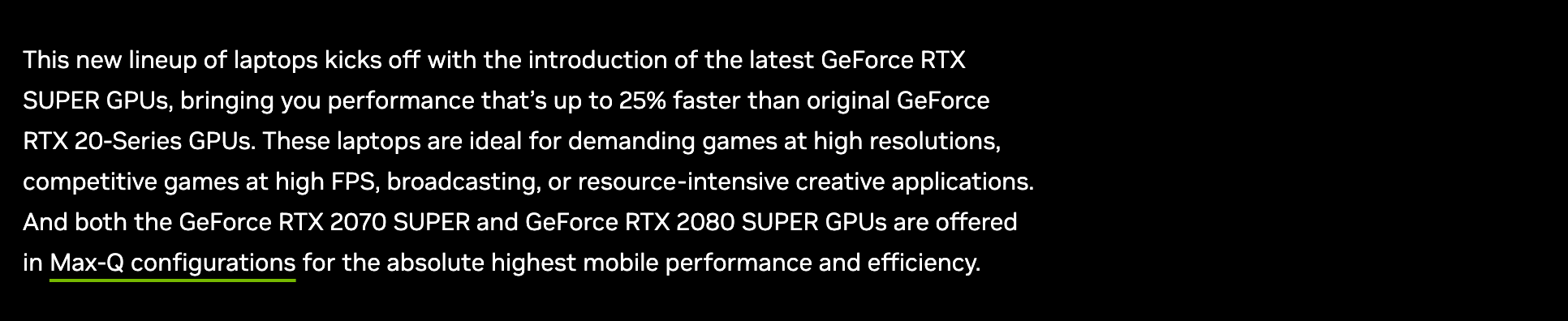 Фрагмент новости NVIDIA от 2 апреля 2020 года: видеокарты RTX 2070 SUPER и RTX 2080 SUPER предлагаются в конфигурациях Max-Q. Снято 3 октября 2026 года