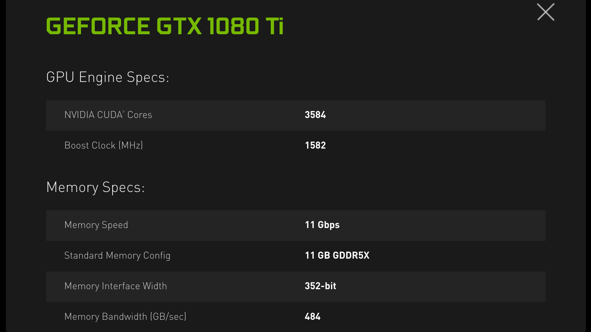 Полная таблица NVIDIA для GeForce GTX 1080 Ti: 3584 ядра CUDA, частота Boost 1582 МГц, память 11 ГБ GDDR5X на 11 Гбит/с, шина 352 бит, пропускная способность 484 ГБ/с. Снимок веб-архива от 10 февраля 2020