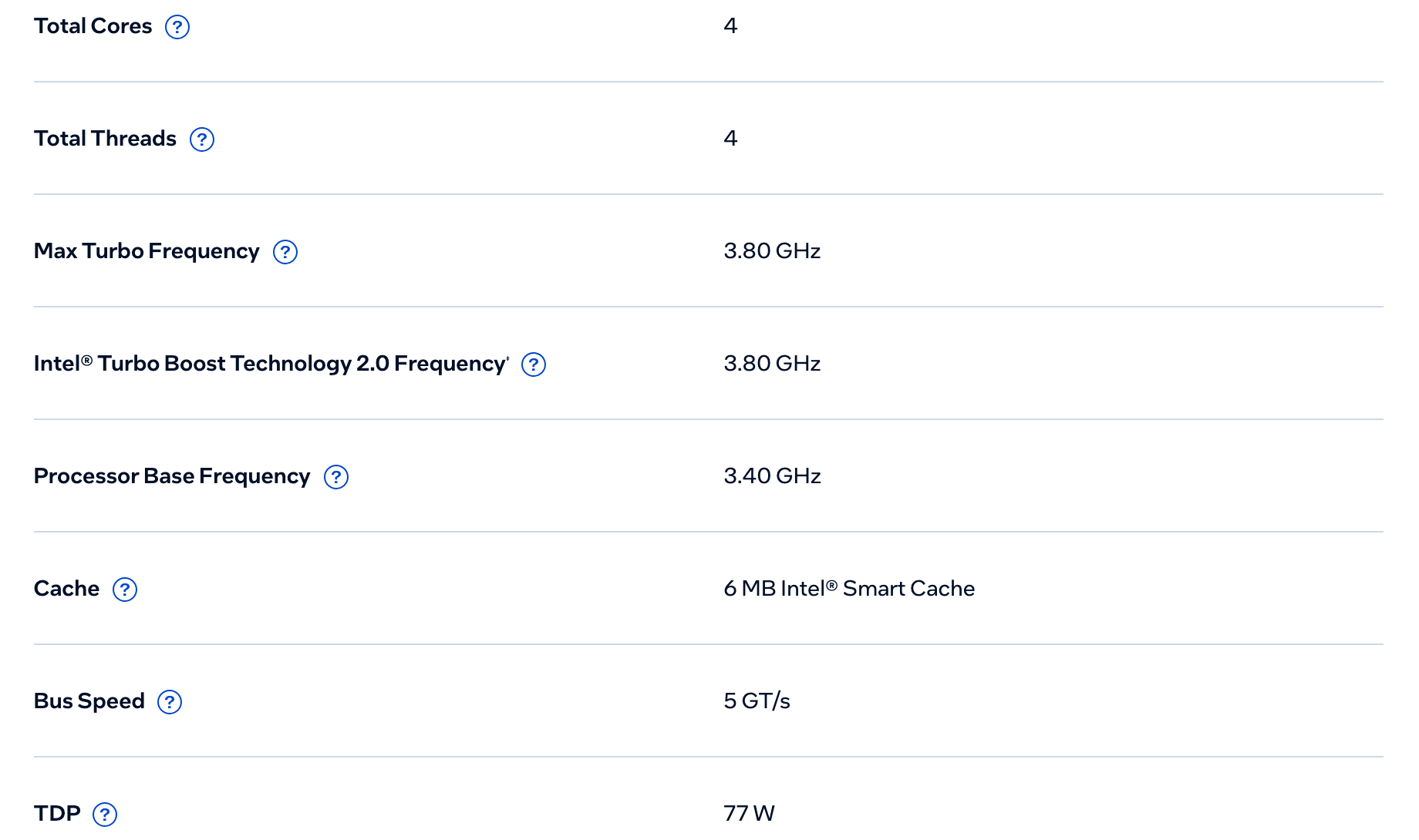 CPU Specifications в спецификации Core i5-3570 в Intel ARK: 4 ядра и 4 потока, базовая частота 3,40 ГГц, до 3,80 ГГц, 6 МБ кэша, TDP 77 Вт. Снято 6 октября 2026