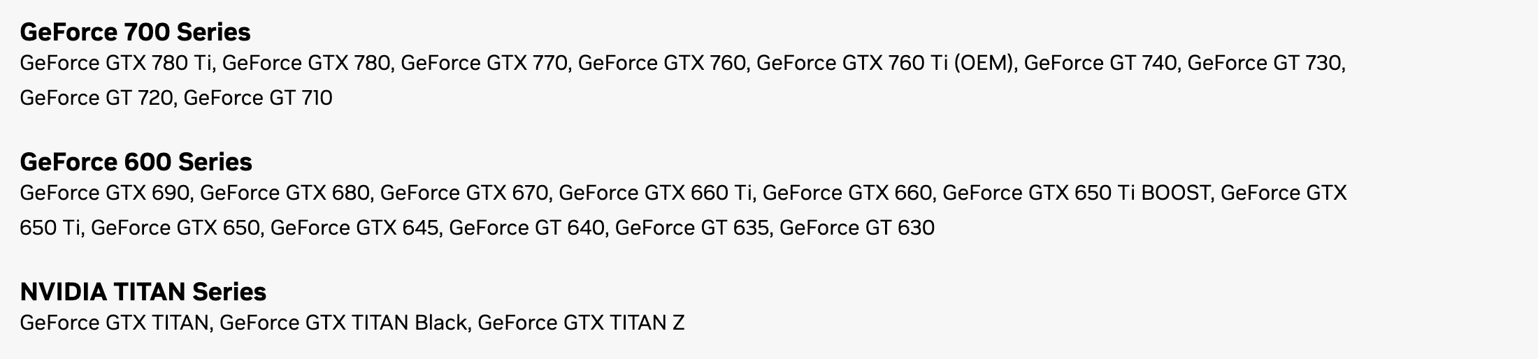 Список моделей драйвера NVIDIA 475.14 для Windows 10 64-bit и Windows 11: в группе GeForce 600 Series GTX 690, 680, 670, 660 Ti, 660, 650 Ti BOOST, 650 Ti, 650, 645 и GT 640, 635, 630. Снято 30 сентября 2026