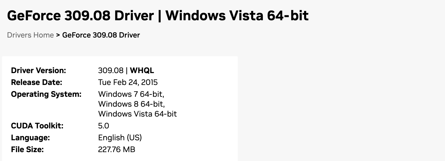 Шапка страницы драйвера GeForce 309.08: выпуск от 24 февраля 2015 года для 64-разрядных Windows 7, Windows 8 и Windows Vista. Снято 23 сентября 2026