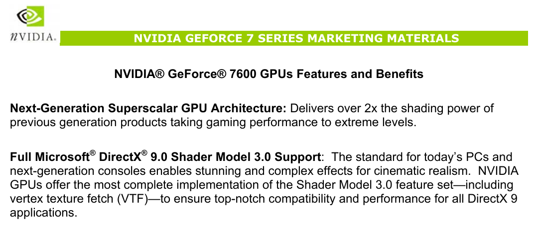 Первая страница документа NVIDIA с заголовком «GeForce 7600 GPUs Features and Benefits»: поддержка Microsoft DirectX 9.0 Shader Model 3.0. Снято 1 октября 2026