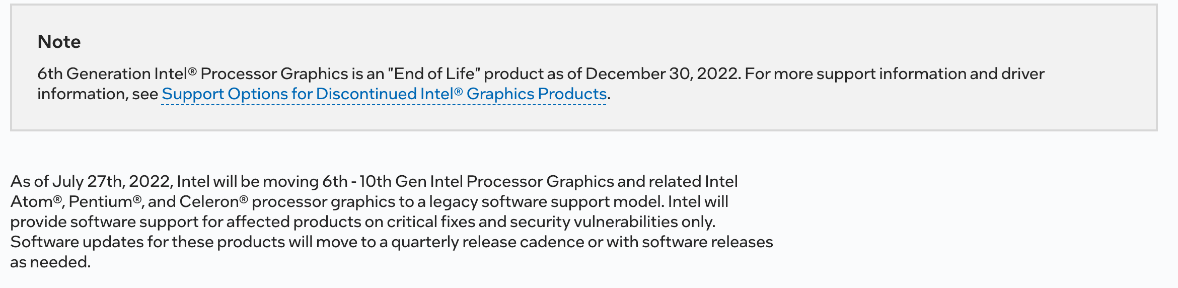 Справка Intel о поддержке графики 6-10 поколений: 6-е поколение с 30 декабря 2022 года названо продуктом End of Life. Снято 30 сентября 2026