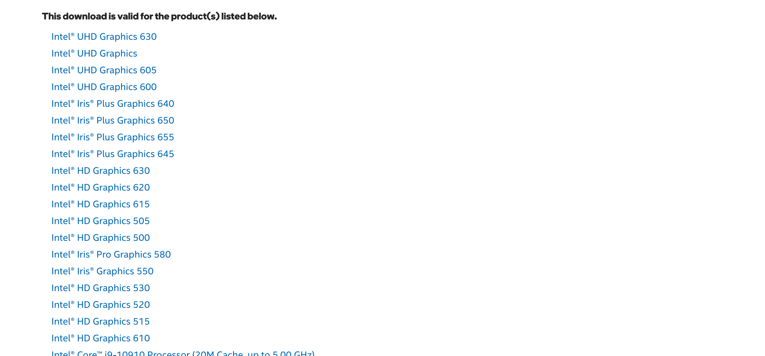Начало списка продуктов пакета 762755: среди них Intel HD Graphics 530, 520 и 515, Iris Graphics 550 и Iris Pro Graphics 580. Снято 30 сентября 2026