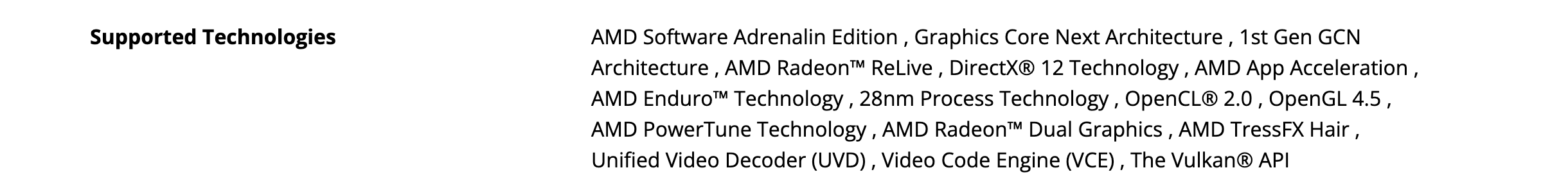 Список технологий на странице Radeon 520: 1st Gen GCN Architecture, DirectX 12 Technology, OpenCL 2.0, OpenGL 4.5, AMD Radeon Dual Graphics, AMD Enduro Technology, Vulkan API. Снято 30 сентября 2026