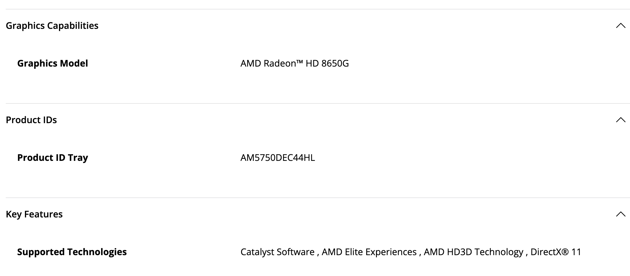 Блоки Graphics Capabilities и Key Features на странице A10-5750M: графика AMD Radeon HD 8650G, поле Product ID Tray, из технологий Catalyst Software, AMD Elite Experiences, AMD HD3D Technology и DirectX 11. Снято 3 октября 2026