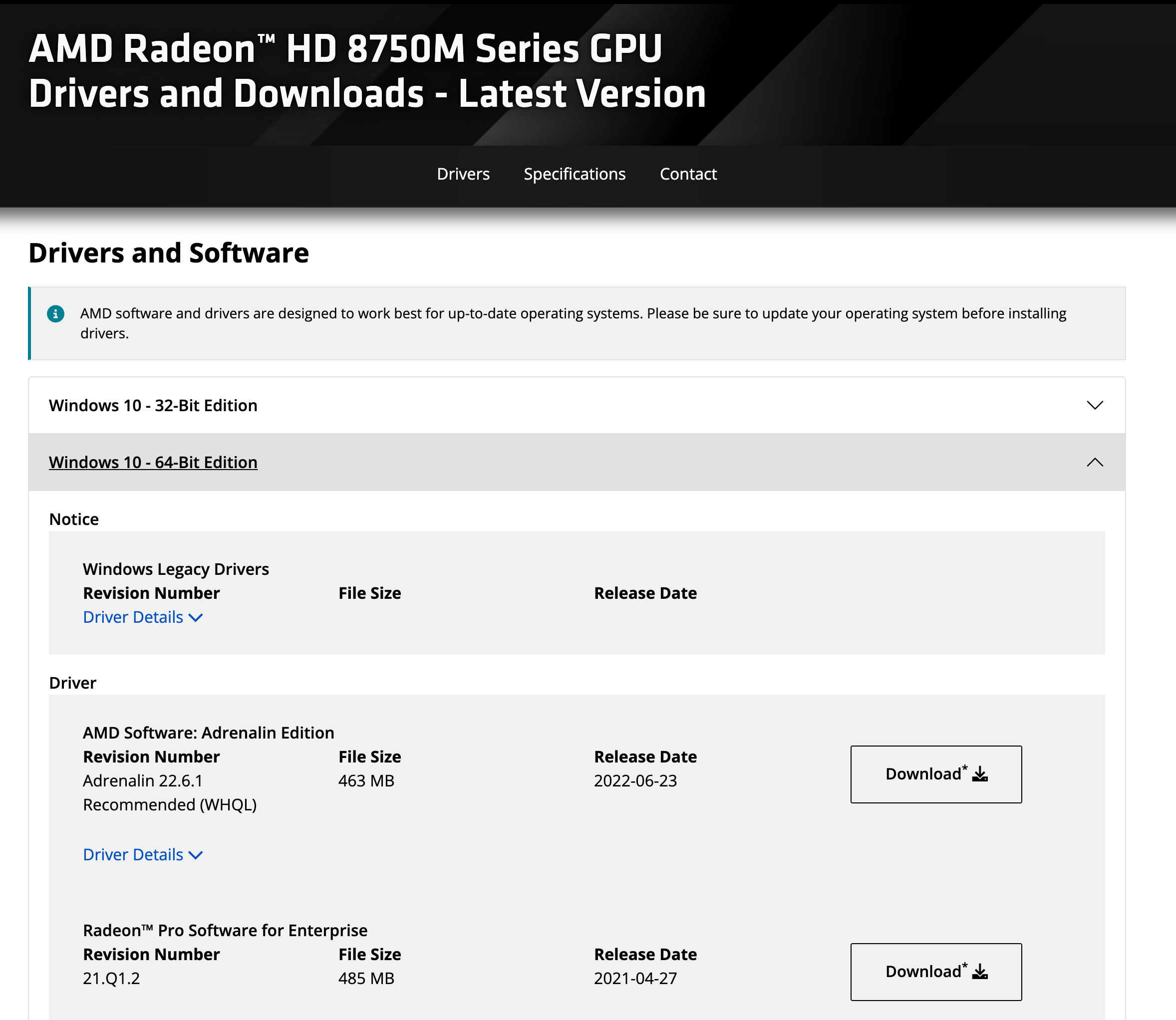 Заголовок страницы AMD Radeon HD 8750M Series GPU и раздел Windows 10 64-bit: пометка Windows Legacy Drivers, пакеты Adrenalin 22.6.1 от 23 июня 2022 года и Radeon Pro Software for Enterprise 21.Q1.2 от 27 апреля 2021 года. Снято 1 октября 2026