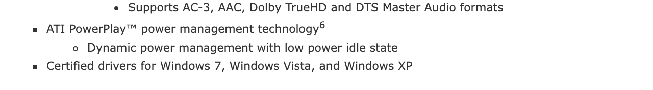 Конец перечня на странице AMD для HD 5470: управление питанием ATI PowerPlay и сертифицированные драйверы для Windows 7, Windows Vista и Windows XP. Снимок веб-архива от 10 января 2010 года