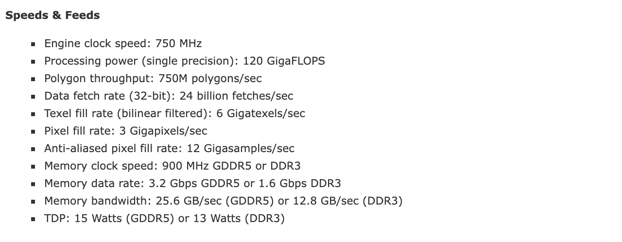 Раздел Speeds & Feeds на странице AMD для HD 5470: частота ядра 750 МГц, частота памяти 900 МГц, скорость передачи данных 3,2 Гбит/с для GDDR5 и 1,6 Гбит/с для DDR3, пропускная способность 25,6 и 12,8 ГБ/с, TDP 15 и 13 Вт. Снимок веб-архива от 10 января 2010 года