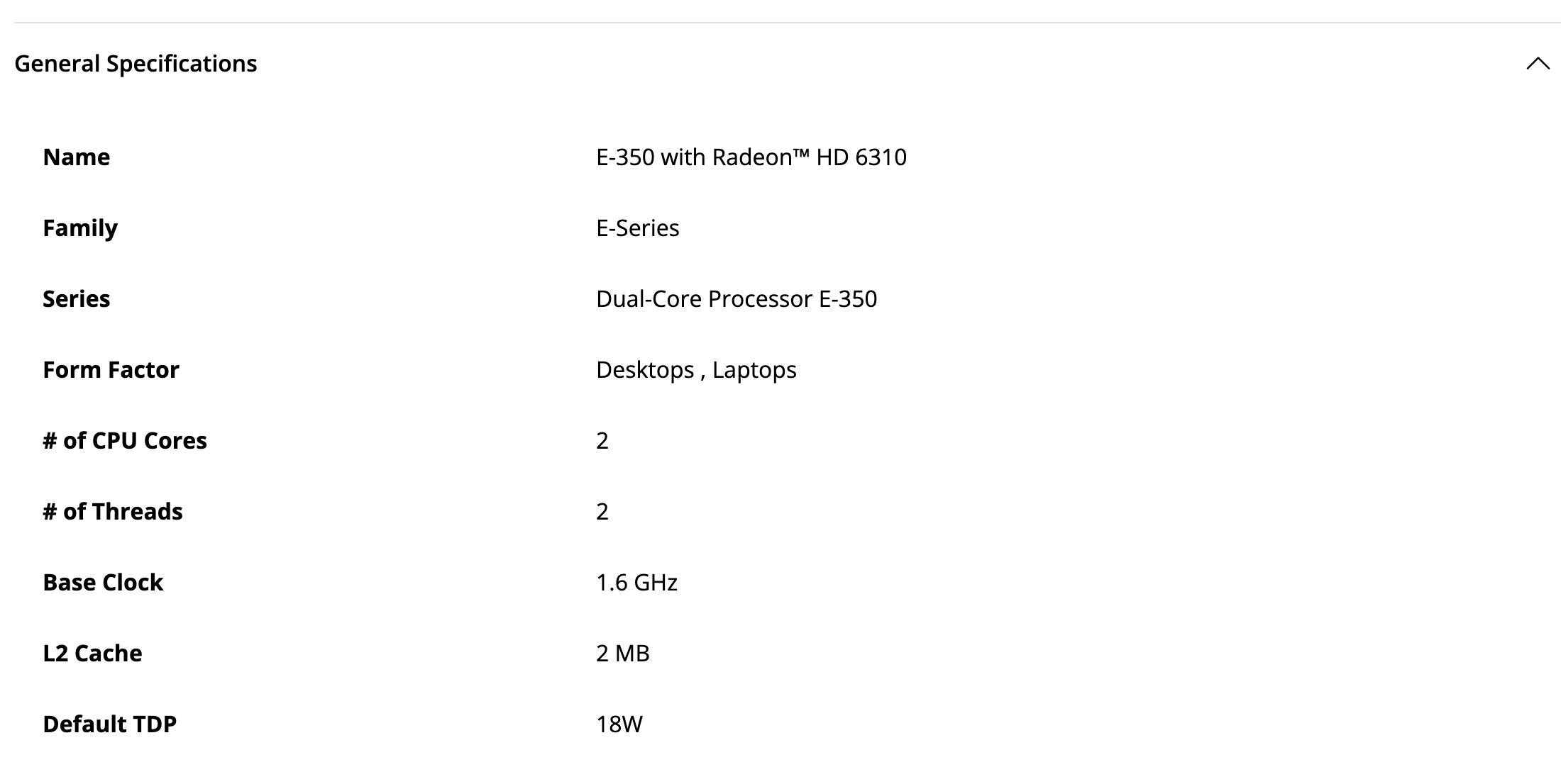 Начало блока General Specifications на странице драйверов E-350: семейство E-Series, серия Dual-Core Processor E-350, форм-фактор Desktops и Laptops, 2 ядра, частота 1,6 ГГц, TDP 18 Вт. Снято 1 октября 2026