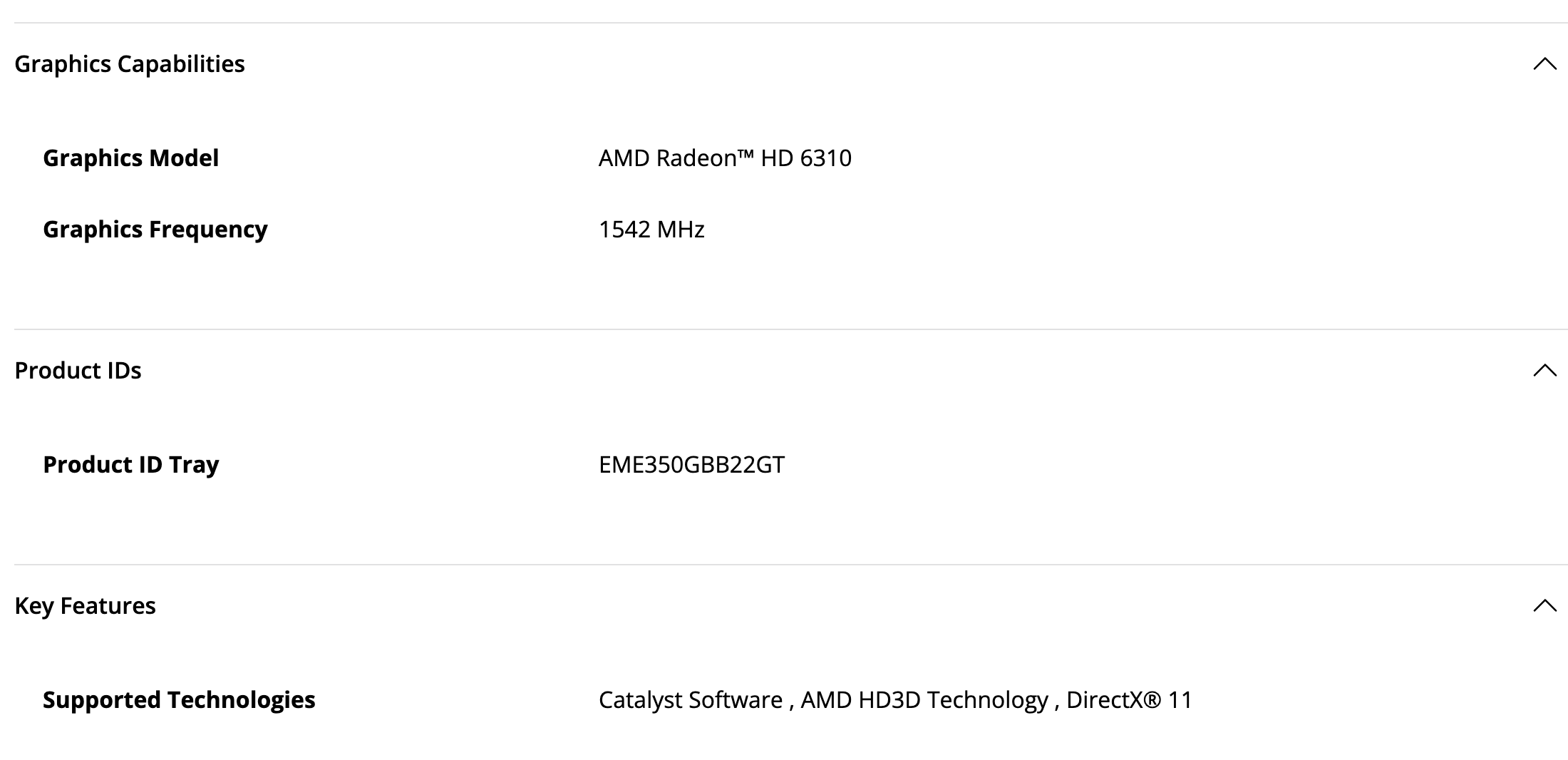Блок Graphics Capabilities на странице драйверов E-350: графика AMD Radeon HD 6310, частота графики 1542 МГц, из технологий Catalyst Software, AMD HD3D Technology и DirectX 11. Снято 1 октября 2026