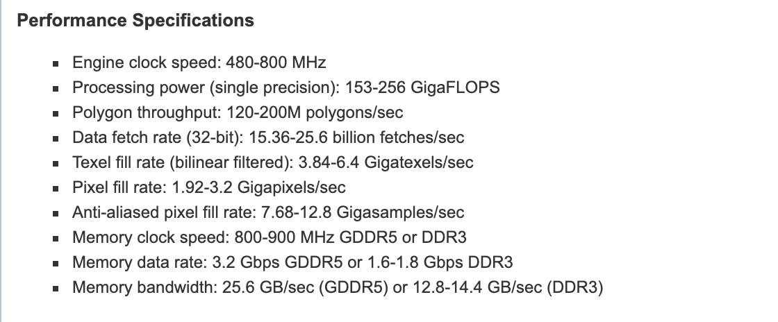 Раздел Performance Specifications на странице линейки HD 6400M: частота ядра от 480 до 800 МГц, частота памяти от 800 до 900 МГц, пропускная способность 25,6 ГБ/с для GDDR5 и от 12,8 до 14,4 ГБ/с для DDR3. Снимок веб-архива от 6 января 2011 года