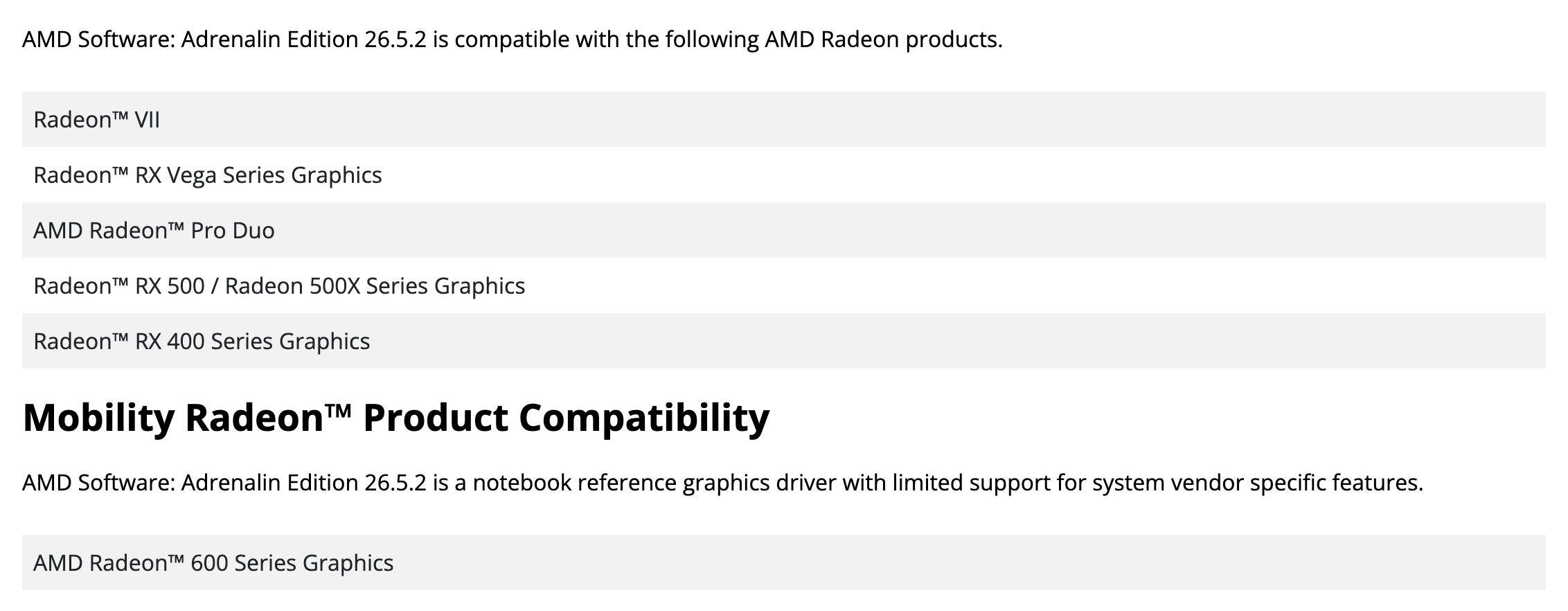 Список совместимости в заметках AMD к 26.5.2: Radeon RX 500 и 500X, RX Vega, RX 400 в списке видеокарт и Radeon 600 Series в списке мобильных продуктов. Снято 3 октября 2026
