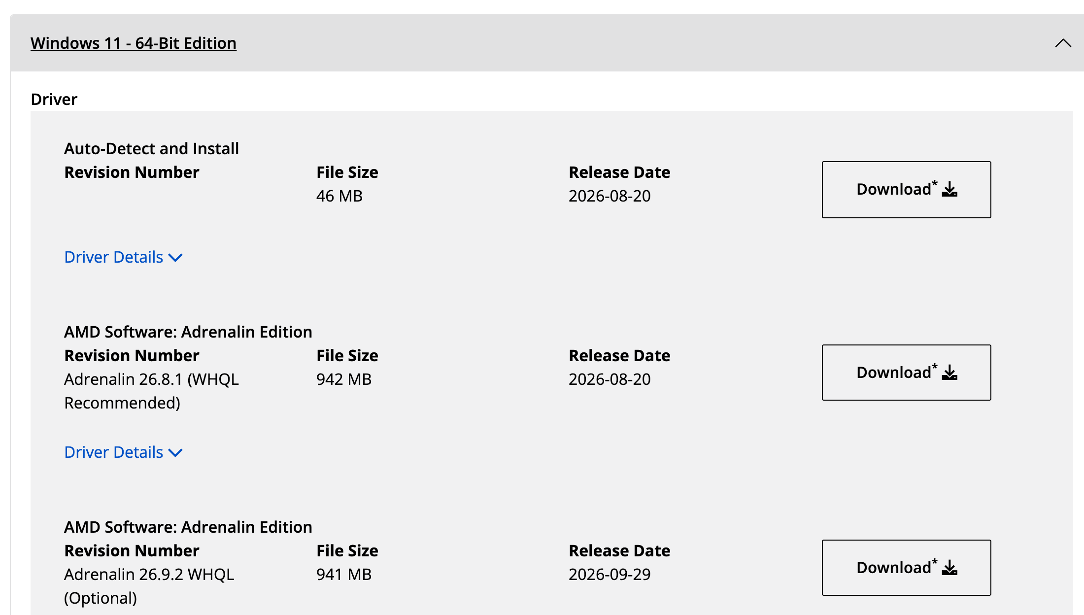 Блок Windows 11 на странице драйверов Radeon RX 5300M: Auto-Detect and Install, Adrenalin 26.8.1 (WHQL Recommended) от 20 августа 2026 года и Adrenalin 26.9.2 WHQL (Optional) от 29 сентября 2026 года. Снято 3 октября 2026