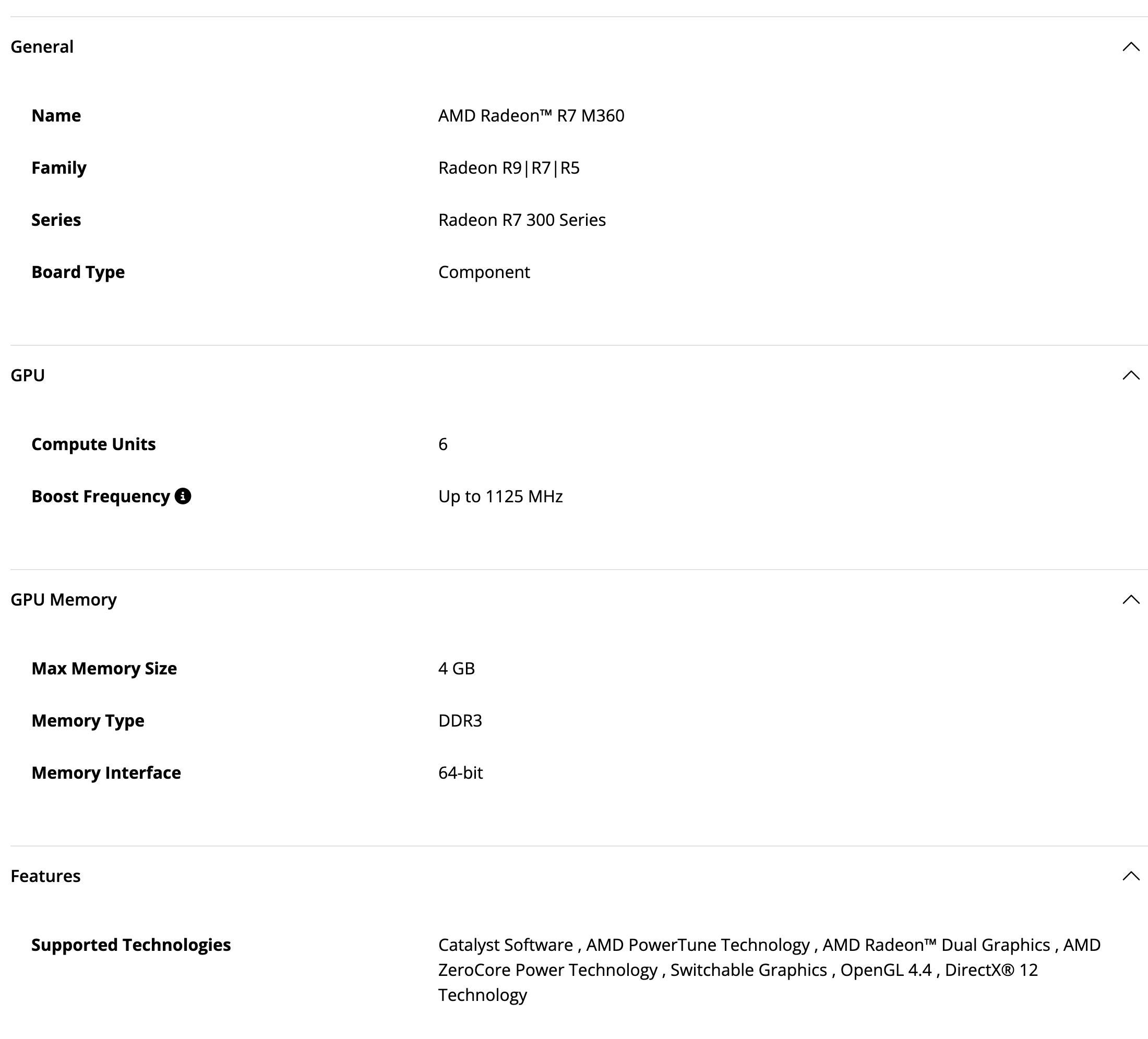 Блок Specifications на странице драйверов R7 M360: серия Radeon R7 300 Series, 6 вычислительных блоков, до 1125 МГц, 4 ГБ DDR3, шина 64 бит. Снято 3 октября 2026