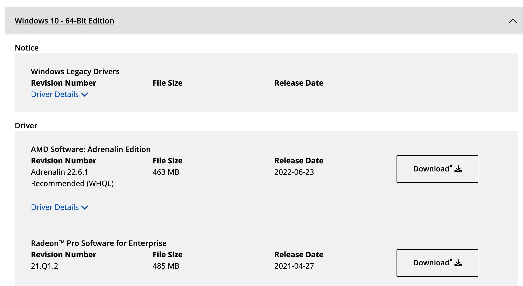 Раздел Windows 10 64-Bit Edition на странице драйверов R7 M360: пометка Windows Legacy Drivers, Adrenalin 22.6.1 и Radeon Pro 21.Q1.2. Снято 3 октября 2026