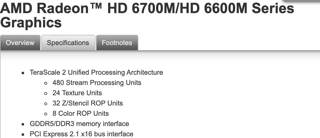 Начало перечня возможностей на странице линейки HD 6700M и HD 6600M: TeraScale 2, 480 потоковых процессоров, 24 текстурных блока, 32 и 8 блоков растеризации, интерфейс памяти GDDR5 или DDR3. Модель 6650M на странице не названа. Снимок веб-архива от 15 июня 2011 года