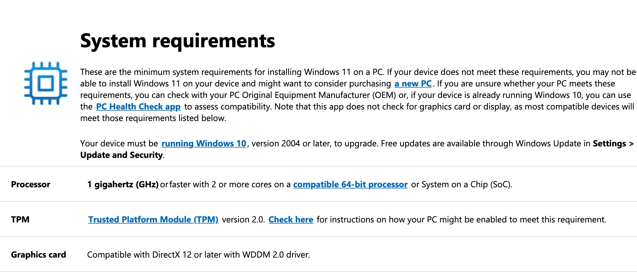 Минимальные требования Windows 11 на странице Microsoft: в строке Graphics card указаны DirectX 12 или новее и драйвер WDDM 2.0. Снято 3 октября 2026