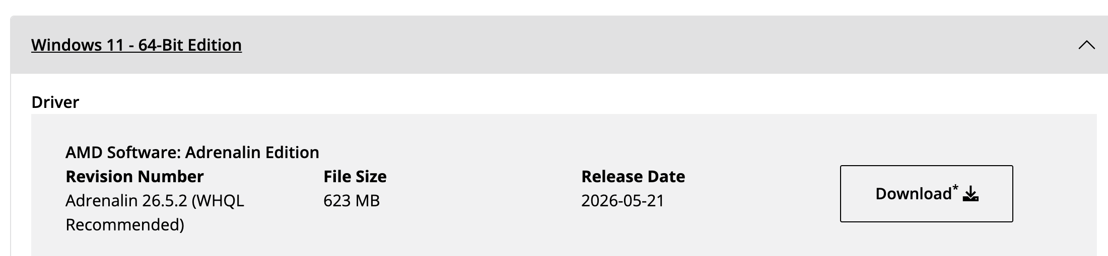 Раздел Windows 11 64-bit на странице драйверов Ryzen 5 2500U: AMD Software: Adrenalin Edition 26.5.2 (WHQL Recommended) от 21 мая 2026 года. Снято 23 сентября 2026