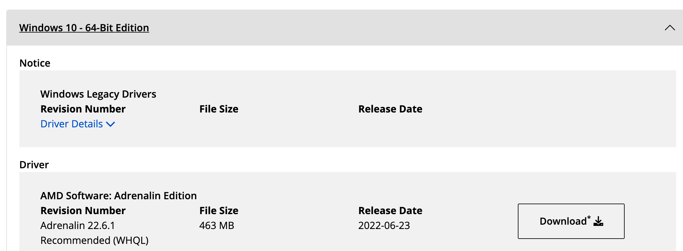Раздел Windows 10 64-bit на странице драйверов Radeon 530: пометка Windows Legacy Drivers и пакет Adrenalin 22.6.1 Recommended (WHQL) от 23 июня 2022 года. Снято 23 сентября 2026