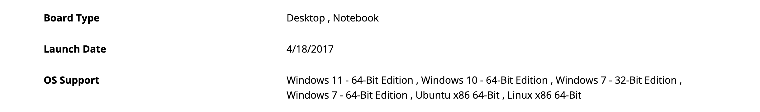 Графы Board Type, Launch Date и OS Support на странице Radeon 530: Desktop и Notebook, 18 апреля 2017 года, Windows 11, Windows 10, Windows 7 32- и 64-bit, Ubuntu и Linux. Снято 23 сентября 2026