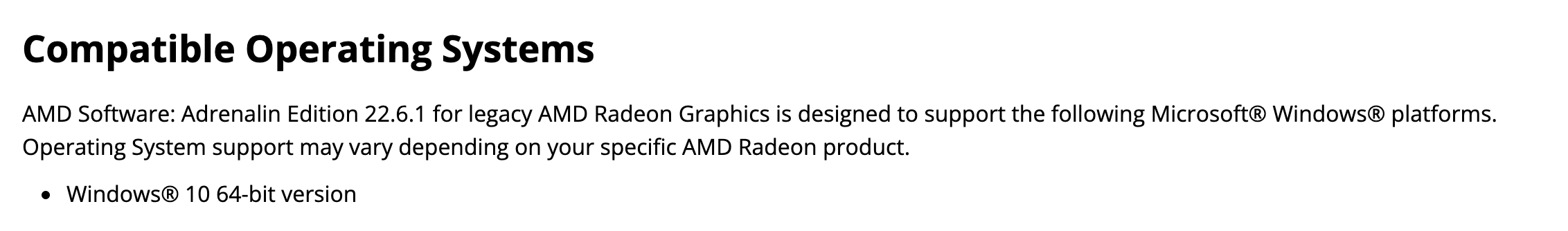 Раздел Compatible Operating Systems в заметках AMD к пакету 22.6.1 для старой графики: одна система, Windows 10 64-bit. Снято 23 сентября 2026