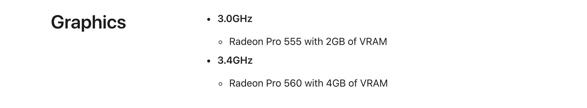 Раздел Graphics на странице Apple об iMac с дисплеем Retina 4K 21,5 дюйма 2017 года: Radeon Pro 555 с 2 ГБ VRAM в версии на 3,0 ГГц и Radeon Pro 560 с 4 ГБ VRAM в версии на 3,4 ГГц. Снято 3 октября 2026